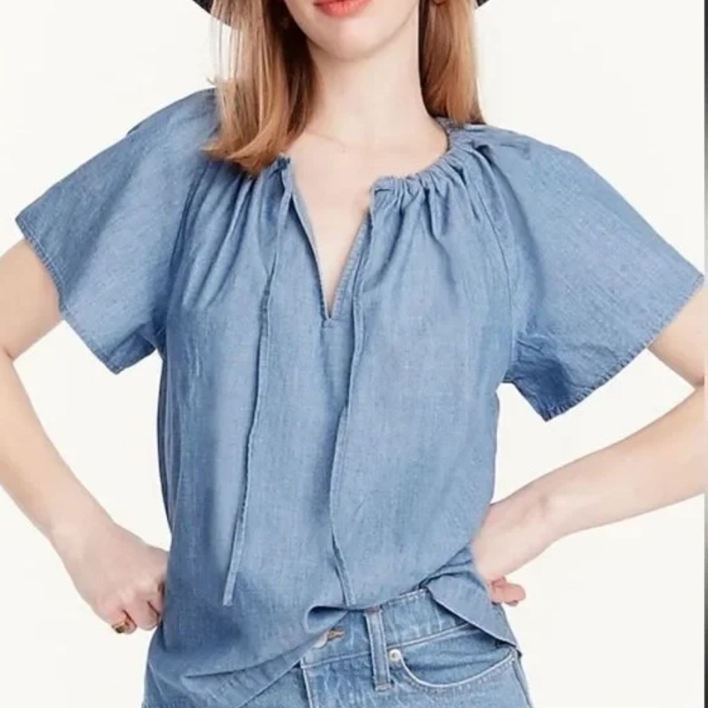 NWT J Crew Chambray Denim Short Sleeve Tie-Neck Top - XS